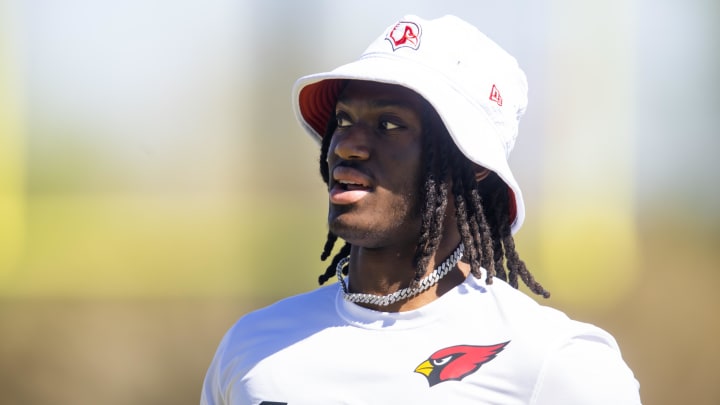 May 10, 2024; Tempe, AZ, USA; Arizona Cardinals wide receiver Marvin Harrison Jr. (18) during rookie minicamp at the teams Tempe Training Facility. Mandatory Credit: Mark J. Rebilas-USA TODAY Sports
