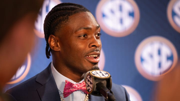 Jul 16, 2024; Dallas, TX, USA; Georgia safety Malaki Starks speaking at Omni Dallas Hotel. Mandatory Credit: Brett Patzke-USA TODAY Sports