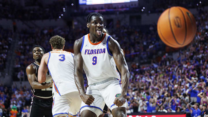 Mar 3, 2026; Gainesville, Florida, USA; Florida Gators center Rueben Chinyelu (9) reacts after a dunk against the Mississippi State Bulldogs during the second half at Exactech Arena at the Stephen C. O'Connell Center. Mandatory Credit: Morgan Tencza-Imagn Images