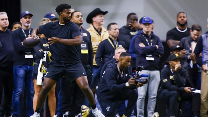 Apr 4, 2025; Boulder, CO, USA; Colorado Buffaloes quarterback Shedeur Sanders (2) passes the ball at the University of Colorado NFL Showcase at the CU Indoor Practice Facility. Mandatory Credit: Michael Ciaglo-Imagn Images