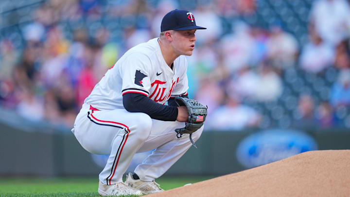 Aug 13, 2024; Minneapolis, Minnesota, USA; Minnesota Twins pitcher Zebby Matthews (52) makes his major league debut against the Kansas City Royals at Target Field.