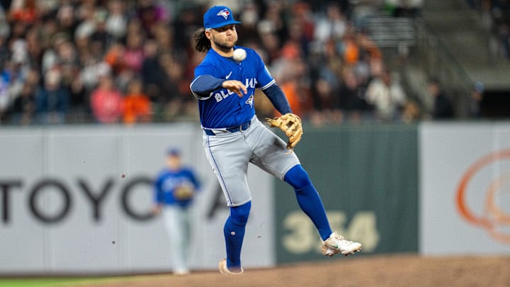 San Francisco, California, USA;  Toronto Blue Jays shortstop Bo Bichette (11), shown here playing against the San Francisco Giants on July 9, 2024, was with the Dunedin Blue Jays in 2017.
