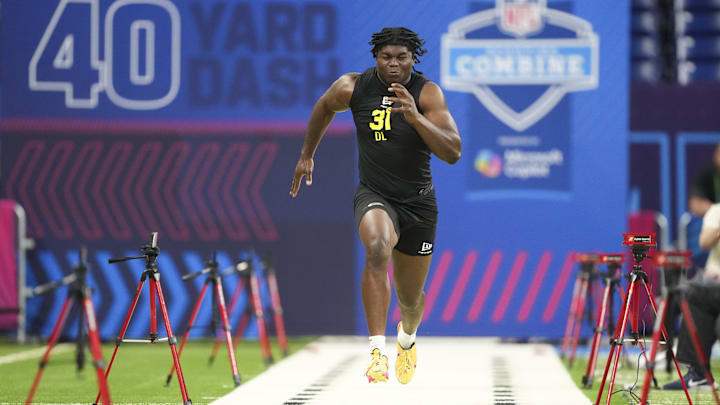 Feb 26, 2026; Indianapolis, IN, USA; Texas Tech defensive lineman David Bailey (DL31) runs the 40-yard dash during the NFL Scouting Combine at Lucas Oil Stadium. Mandatory Credit: Kirby Lee-Imagn Images Feb 26, 2026; Indianapolis, IN, USA; Texas Tech defensive lineman David Bailey (DL31) runs the 40-yard dash during the NFL Scouting Combine at Lucas Oil Stadium. Mandatory Credit: Kirby Lee-Imagn Images
