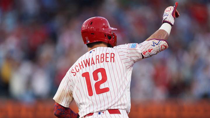 Sep 5, 2026; Philadelphia, Pennsylvania, USA; Philadelphia Phillies designated hitter Kyle Schwarber (12) reacts after hitting a home run against the Atlanta Braves during the fourth inning at Citizens Bank Park. Mandatory Credit: Bill Streicher-Imagn Images Sep 5, 2026; Philadelphia, Pennsylvania, USA; Philadelphia Phillies designated hitter Kyle Schwarber (12) reacts after hitting a home run against the Atlanta Braves during the fourth inning at Citizens Bank Park. Mandatory Credit: Bill Streicher-Imagn Images