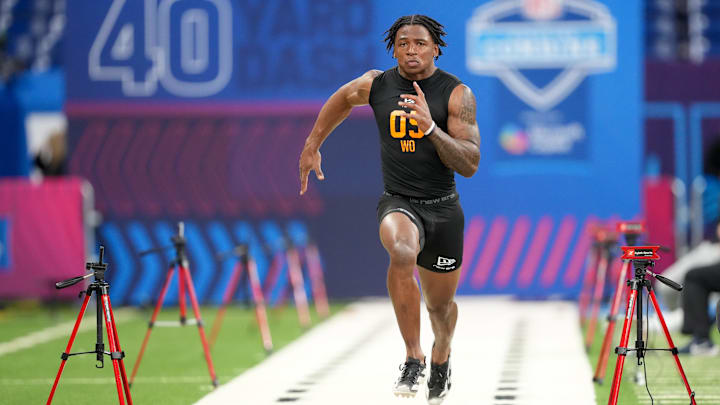UConn wideout Skyler Bell (WO05) during the NFL Scouting Combine at Lucas Oil Stadium. 