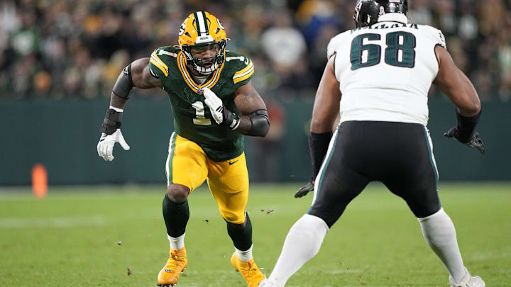 Green Bay Packers defensive end Micah Parsons in action against Philadelphia Eagles offensive tackle Jordan Mailata.