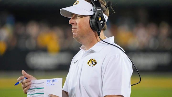 Aug 29, 2024; Columbia, Missouri, USA; Missouri Tigers head coach Eli Drinkwitz on field against the Murray State Racers during the game at Faurot Field at Memorial Stadium. Mandatory Credit: Denny Medley-Imagn Images