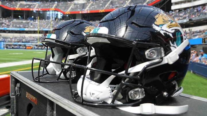Sep 25, 2022; Inglewood, California, USA; Jacksonville Jaguars helmets on the sideline. 
