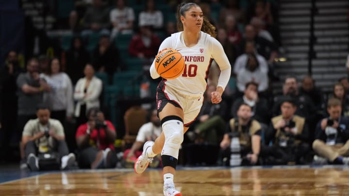 Mar 10, 2024; Las Vegas, NV, USA; Stanford Cardinal guard Talana Lepolo (10) dribbles the ball against the Southern California Trojans in the first half of the Pac-12 Tournament women's championship game at MGM Grand Garden Arena. Mandatory Credit: Kirby Lee-USA TODAY Sports Mar 10, 2024; Las Vegas, NV, USA; Stanford Cardinal guard Talana Lepolo (10) dribbles the ball against the Southern California Trojans in the first half of the Pac-12 Tournament women's championship game at MGM Grand Garden Arena. Mandatory Credit: Kirby Lee-USA TODAY Sports