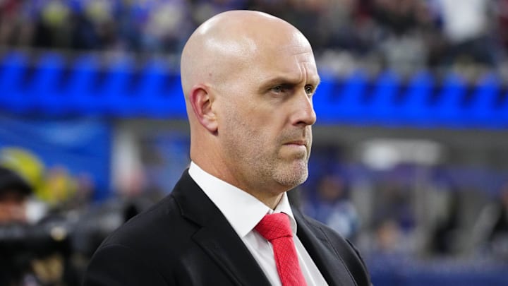 Dec 28, 2024; Inglewood, California, USA; Arizona Cardinals general manager Monti Ossenfort watches from the sidelines against the Los Angeles Rams at SoFi Stadium. Mandatory Credit: Kirby Lee-Imagn Images