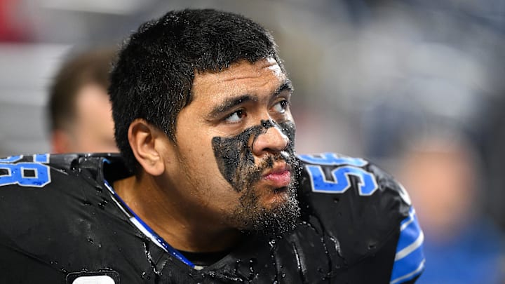 Nov 23, 2025; Detroit, Michigan, USA; Detroit Lions tackle Penei Sewell (58) looks on during warm ups prior to the game against the New York Giants at Ford Field. Mandatory Credit: Lon Horwedel-Imagn Images