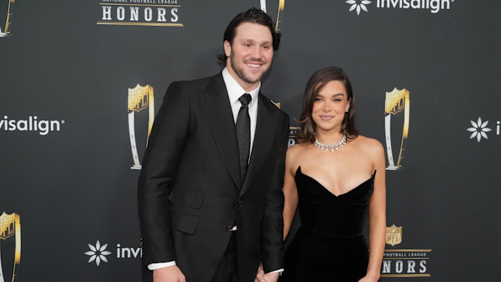 Josh Allen and Hailee Steinfeld on the red carpet before Super Bowl LIX NFL Honors at Saenger Theatre.