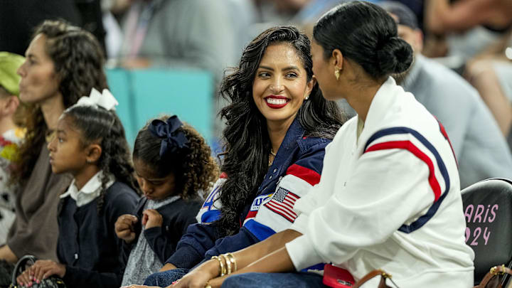 Vanessa Bryant and her family watch a women's basketball semifinal game during the Paris 2024 Olympic Summer Games at Accor Arena.