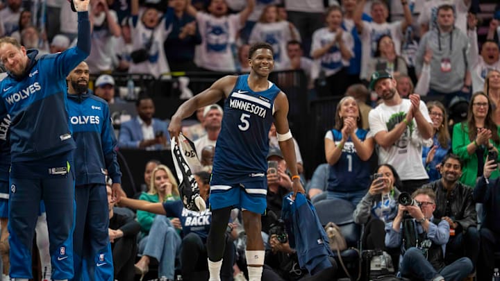 Minnesota Timberwolves guard Anthony Edwards reacts after a made shot against the Golden State Warriors in the second half during Game 2 of a Western Conference semifinal at Target Center in Minneapolis on May 8, 2025.