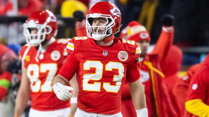 Jan 26, 2025; Kansas City, MO, USA; Kansas City Chiefs linebacker Drue Tranquill (23) against the Buffalo Bills in the AFC Championship game at GEHA Field at Arrowhead Stadium. Mandatory Credit: Mark J. Rebilas-Imagn Images
