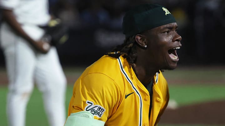 Jun 30, 2025; Tampa, Florida, USA; Athletics outfielder Lawrence Butler (4) celebrates after he hit a two-RBI triple during the ninth inning against the Tampa Bay Rays at George M. Steinbrenner Field. Mandatory Credit: Kim Klement Neitzel-Imagn Images Jun 30, 2025; Tampa, Florida, USA; Athletics outfielder Lawrence Butler (4) celebrates after he hit a two-RBI triple during the ninth inning against the Tampa Bay Rays at George M. Steinbrenner Field. Mandatory Credit: Kim Klement Neitzel-Imagn Images