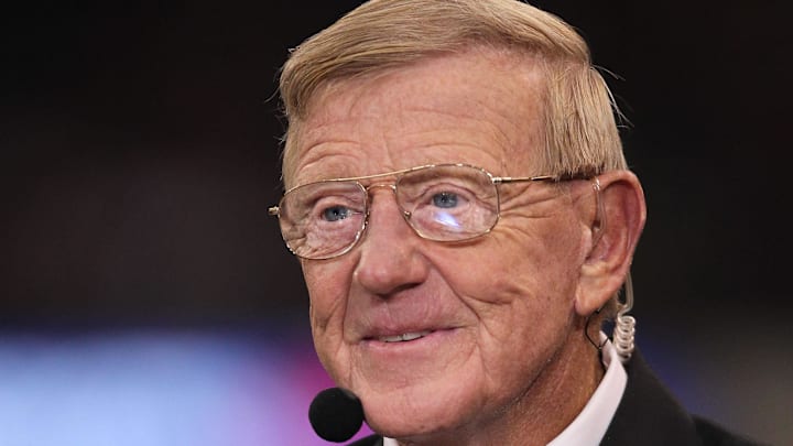Jan 4, 2011; New Orleans, LA, USA; ESPN analyst Lou Holtz on set prior to the Arkansas Razorbacks against the Ohio State Buckeyes  game for the 2011 Sugar Bowl at the Louisiana Superdome . 