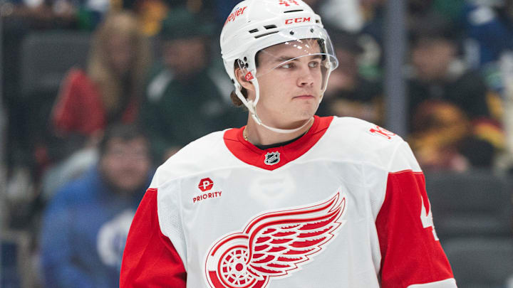 Axel Sandin-Pellikka of the Detroit Red Wings. Axel Sandin-Pellikka of the Detroit Red Wings.