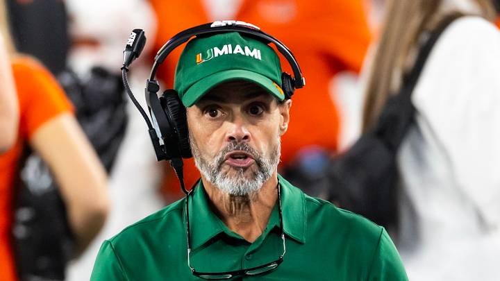 Jan 8, 2026; Glendale, AZ, USA; Miami Hurricanes offensive line coach Alex Mirabal against the Mississippi Rebels during the 2026 Fiesta Bowl and semifinal game of the College Football Playoff at State Farm Stadium. Mandatory Credit: Mark J. Rebilas-Imagn Images