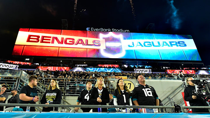 Jacksonville Jaguars fans in the south end zone stands shortly before kickoff. The Jacksonville Jaguars hosted the Cincinnati Bengals at EverBank Stadium in Jacksonville, Florida for Monday Night Football, December 4, 2023. The Jaguars were tied 14 to 14 at the end of the first half. [Bob Self/Florida Times-Union]