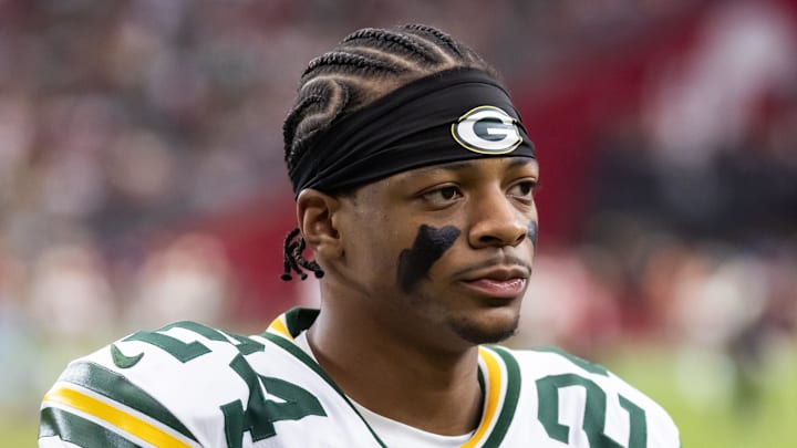Oct 19, 2025; Glendale, Arizona, USA; Green Bay Packers cornerback Carrington Valentine (24) against the Arizona Cardinals at State Farm Stadium. Mandatory Credit: Mark J. Rebilas-Imagn Images