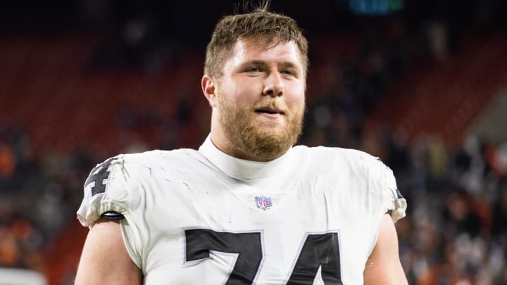 Dec 20, 2021; Cleveland, Ohio, USA; Las Vegas Raiders offensive tackle Kolton Miller (74) exits the field after the game against the Cleveland Browns at FirstEnergy Stadium. Mandatory Credit: Scott Galvin-USA TODAY Sports