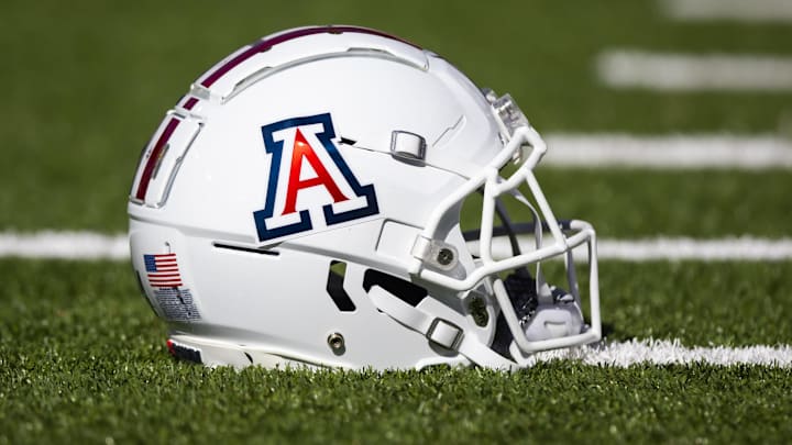 Nov 25, 2022; Tucson, Arizona, USA; Detailed view of an Arizona Wildcats helmet on the field during the Territorial Cup at Arizona Stadium. Mandatory Credit: Mark J. Rebilas-Imagn Images