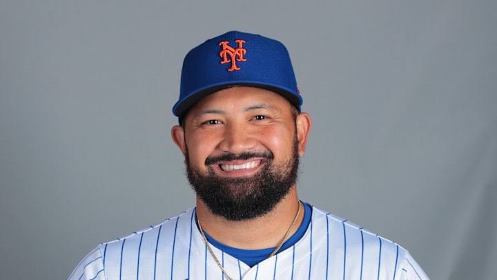 Feb 20, 2025; Port St. Lucie, FL, USA; New York Mets pitcher Rico Garcia (50) poses for a photo during picture day at Clover Park. Mandatory Credit: Sam Navarro-Imagn Images