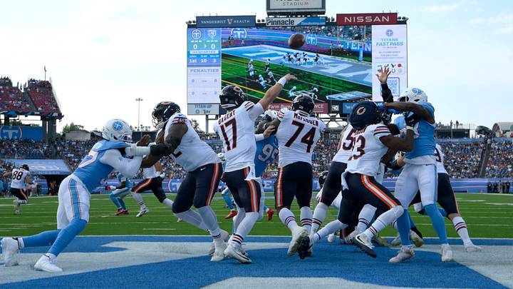 Aug 29, 2026; Nashville, Tennessee, USA;  Chicago Bears quarterback Tyson Bagent (17) throws a pass for a touchdown against the Tennessee Titans in the first quarter at Nissan Stadium.  Mandatory Credit: Steve Roberts-Imagn Images