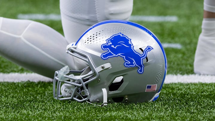 Detailed view of the Detroit Lions helmet during warmups before the game against the New Orleans Saints at Caesars Superdome. 