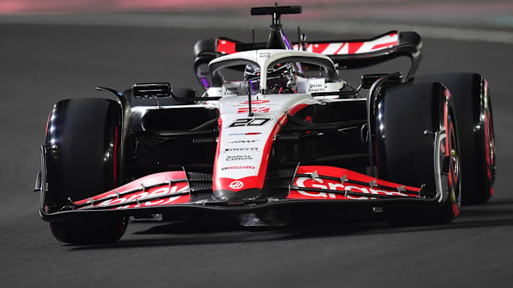 Nov 17, 2023; Las Vegas, Nevada, USA; Haas F1 driver Kevin Magnussen of Denmark (20) during free practice at Las Vegas Strip Circuit. Mandatory Credit: Gary A. Vasquez-USA TODAY Sports