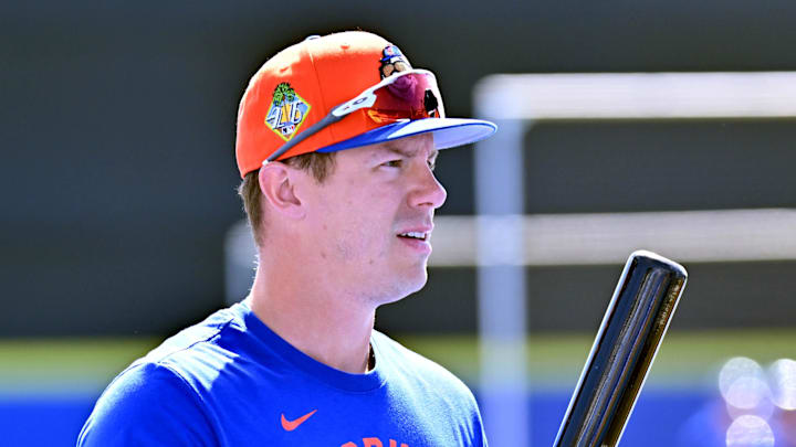 Feb 23, 2026; Dunedin, Florida, USA;  New York Mets first baseman Jared Young (29) before a spring training game against the Toronto Blue Jays at TD Ballpark. Mandatory Credit: Jonathan Dyer-Imagn Images
