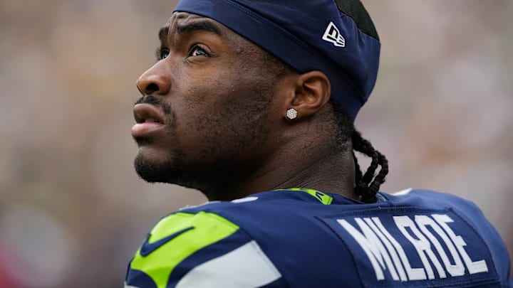 Aug 23, 2025; Green Bay, Wisconsin, USA; Seattle Seahawks quarterback Jalen Milroe (6) looks on prior to the game against the Green Bay Packers at Lambeau Field. Aug 23, 2025; Green Bay, Wisconsin, USA; Seattle Seahawks quarterback Jalen Milroe (6) looks on prior to the game against the Green Bay Packers at Lambeau Field.