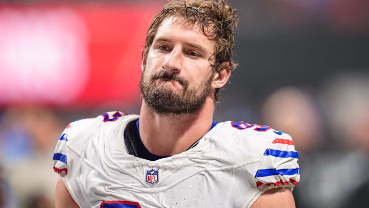 Buffalo Bills defensive end Joey Bosa on the field against the Atlanta Falcons at Mercedes-Benz Stadium.
