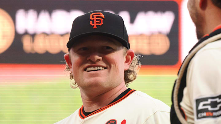 Jul 31, 2024; San Francisco, California, USA; San Francisco Giants starting pitcher Logan Webb (62) smiles with catcher Patrick Bailey (14) after the top of the fifth inning against the Oakland Athletics at Oracle Park. Mandatory Credit: Kelley L Cox-Imagn Images