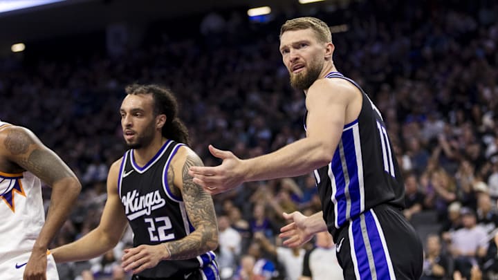 Apr 13, 2025; Sacramento, California, USA; Sacramento Kings center Domantas Sabonis (11) reacts during the second quarter against the Phoenix Suns at Golden 1 Center. Mandatory Credit: John Hefti-Imagn Images Apr 13, 2025; Sacramento, California, USA; Sacramento Kings center Domantas Sabonis (11) reacts during the second quarter against the Phoenix Suns at Golden 1 Center. Mandatory Credit: John Hefti-Imagn Images
