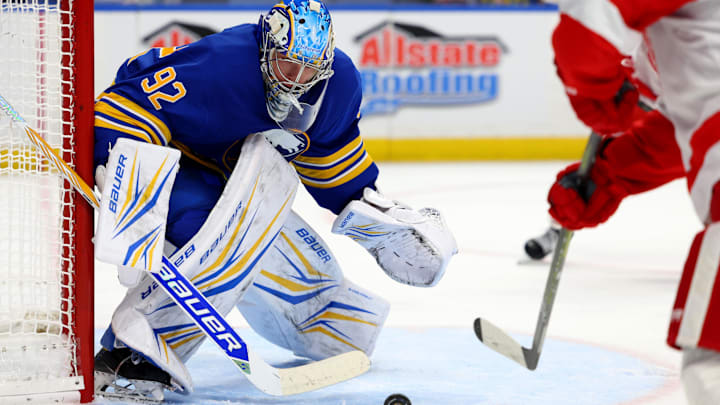 Oct 22, 2025; Buffalo, New York, USA;  Buffalo Sabres goaltender Colten Ellis (92) watches the puck during the third period against the Detroit Red Wings at KeyBank Center. Mandatory Credit: Timothy T. Ludwig-Imagn Images