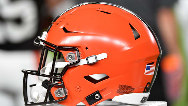 Aug 17, 2023; Philadelphia, Pennsylvania, USA; Cleveland Browns helmet on the sidelines against the Philadelphia Eagles during the second quarter at Lincoln Financial Field. Mandatory Credit: Eric Hartline-Imagn Images