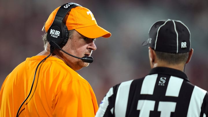 Tennessee coach Josh Heupel talks with an official during a college football game between the University of Oklahoma Sooners (OU) and the Tennessee Volunteers at Gaylord Family - Oklahoma Memorial Stadium in Norman, Okla., Saturday, Sept. 21, 2024.