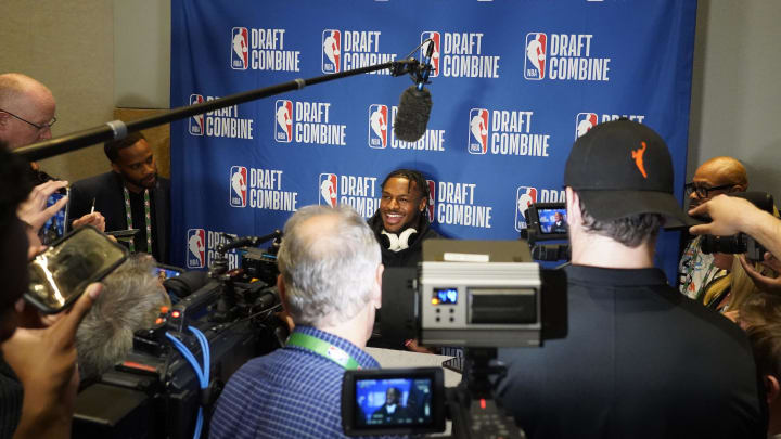 May 14, 2024; Chicago, IL, USA; Bronny James talks to the media during the 2024 NBA Draft Combine at Wintrust Arena. Mandatory Credit: David Banks-USA TODAY Sports
