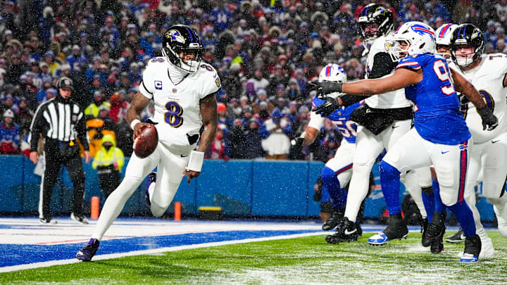 Jan 19, 2025 Baltimore Ravens quarterback Lamar Jackson (8) runs the ball during the fourth quarter against the Buffalo Bills in a 2025 AFC divisional round. Mandatory Credit: Gregory Fisher-Imagn Images