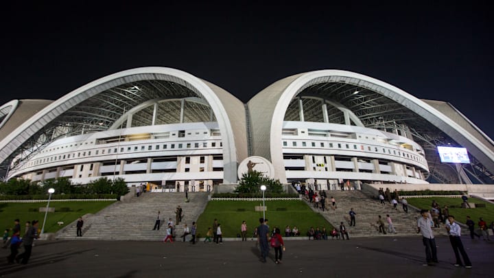 May day stadium by night after the Arirang mass games, Pyongan Province, Pyongyang, North Korea