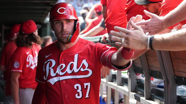Aug 28, 2026; Chicago, Illinois, USA; Cincinnati Reds designated hitter Tyler Stephenson (37) is greeted in the dugout after hitting a three-run home run against the Chicago Cubs during the sixth inning at Wrigley Field.  Mandatory Credit: David Banks-Imagn Images