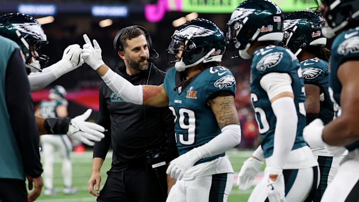 Feb 9, 2025; New Orleans, LA, USA; Philadelphia Eagles head coach Nick Sirianni reacts after cornerback Avonte Maddox (29) made a defensive stop against the Kansas City Chiefs during the second half of Super Bowl LIX at Caesars Superdome. Mandatory Credit: Geoff Burke-Imagn Images