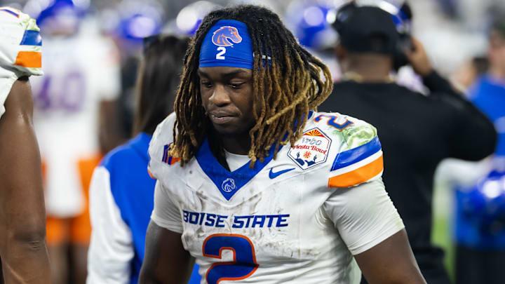 Dec 31, 2024; Glendale, AZ, USA; Boise State Broncos running back Ashton Jeanty (2) reacts against the Penn State Nittany Lions during the Fiesta Bowl at State Farm Stadium. Mandatory Credit: Mark J. Rebilas-Imagn Images