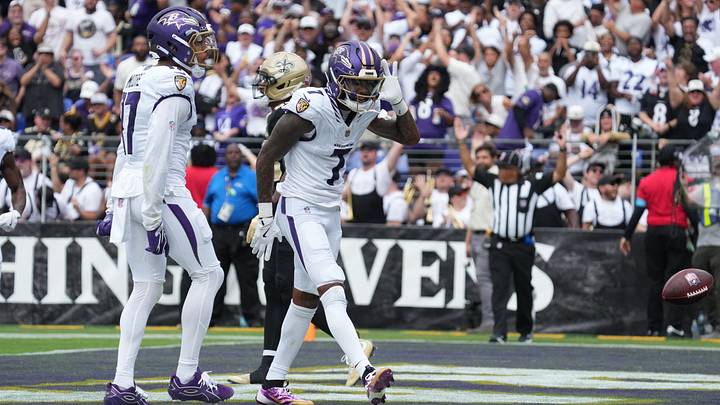 Sep 20, 2026; Baltimore, Maryland, USA; Baltimore Ravens wide receiver Rashod Bateman (7) celebrates after scoring a touchdown in the second quarter against the New Orleans Saints at M&T Bank Stadium. Mandatory Credit: James Lang-Imagn Images Sep 20, 2026; Baltimore, Maryland, USA; Baltimore Ravens wide receiver Rashod Bateman (7) celebrates after scoring a touchdown in the second quarter against the New Orleans Saints at M&T Bank Stadium. Mandatory Credit: James Lang-Imagn Images