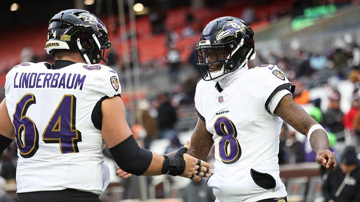Nov 16, 2025; Cleveland, Ohio, USA; Baltimore Ravens quarterback Lamar Jackson (8) warms-up with center Tyler Linderbaum (64) prior to a game against the Cleveland Browns at Huntington Bank Field. Mandatory Credit: Scott Galvin-Imagn Images Nov 16, 2025; Cleveland, Ohio, USA; Baltimore Ravens quarterback Lamar Jackson (8) warms-up with center Tyler Linderbaum (64) prior to a game against the Cleveland Browns at Huntington Bank Field. Mandatory Credit: Scott Galvin-Imagn Images