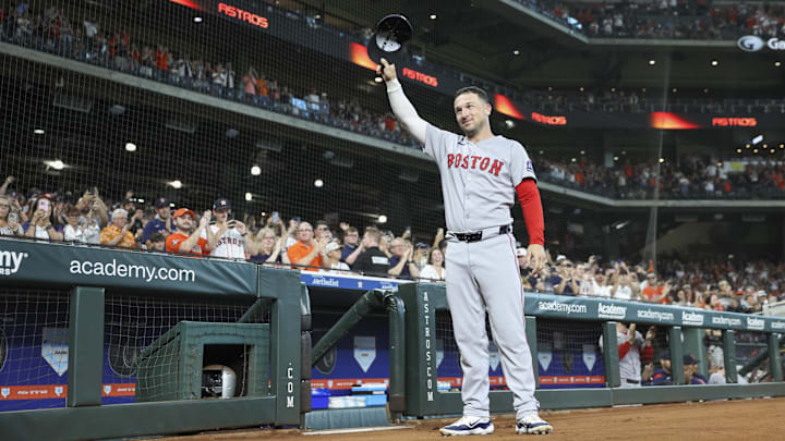 Aug 11, 2025; Houston, Texas, USA; Boston Red Sox third baseman Alex Bregman (2) waives to the crowd after being honored with a video tribute before the game against the Houston Astros at Daikin Park. Mandatory Credit: Troy Taormina-Imagn Images