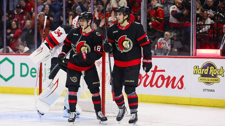 Ottawa Senators forwards Tim Stützle and Dylan Cozens celebrating after a goal during a game January 31 vs New Jersey Devils when both players were on the scoresheet Ottawa Senators forwards Tim Stützle and Dylan Cozens celebrating after a goal during a game January 31 vs New Jersey Devils when both players were on the scoresheet