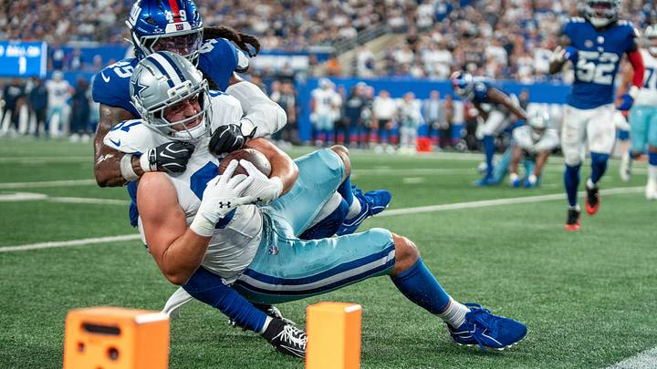 New York Giants linebacker Tremaine Edmunds stops Dallas Cowboys tight end Jake Ferguson at the goal line at MetLife Stadium New York Giants linebacker Tremaine Edmunds stops Dallas Cowboys tight end Jake Ferguson at the goal line at MetLife Stadium